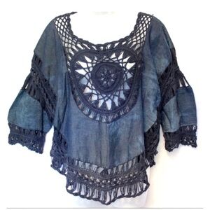 Euc-vivid Importers of NY Bohemian Denim Blue TieDye Crochet Poncho Top SM
